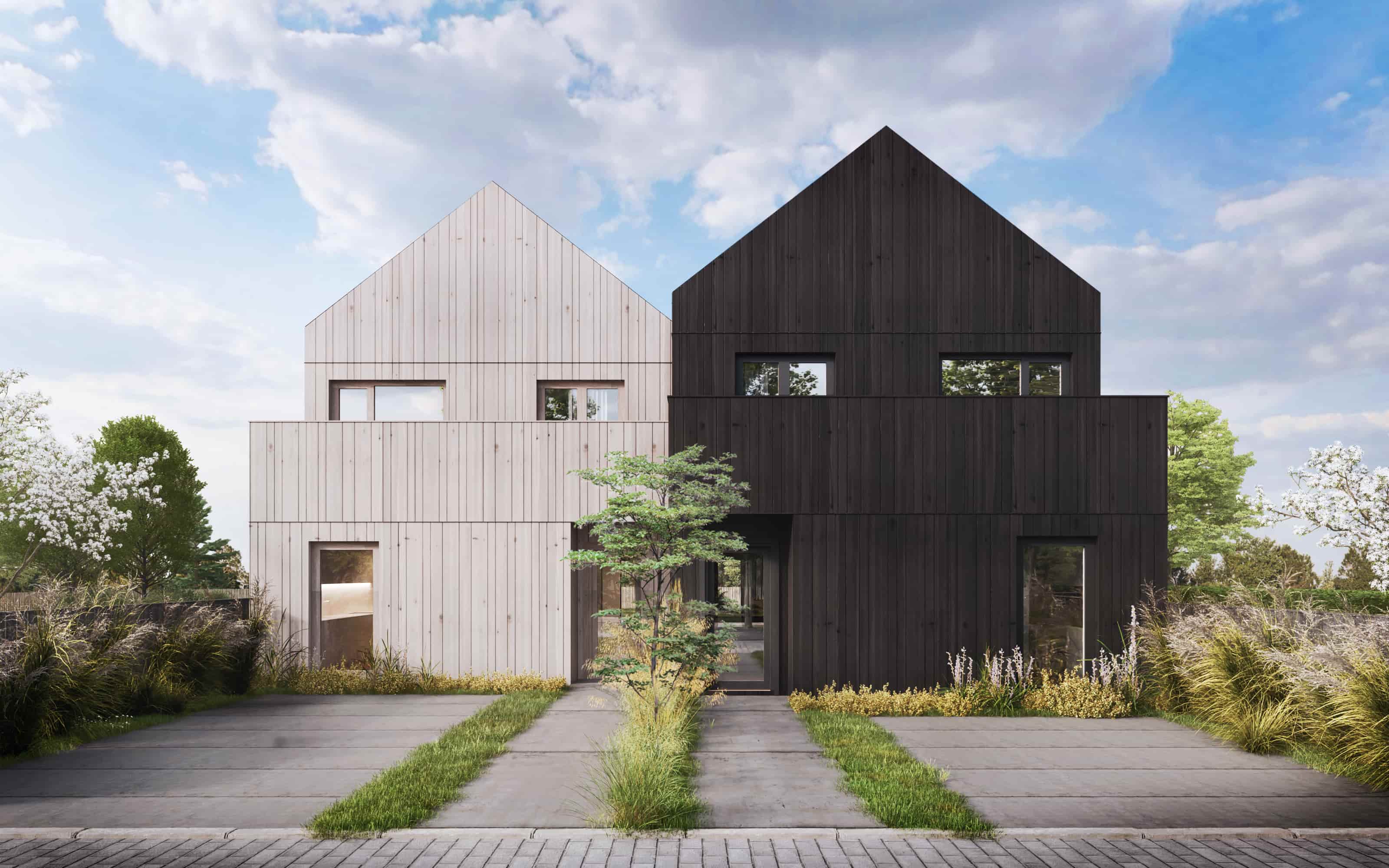 mleczno-białego koloru budek po lewej oraz popielatego koloru po prawej