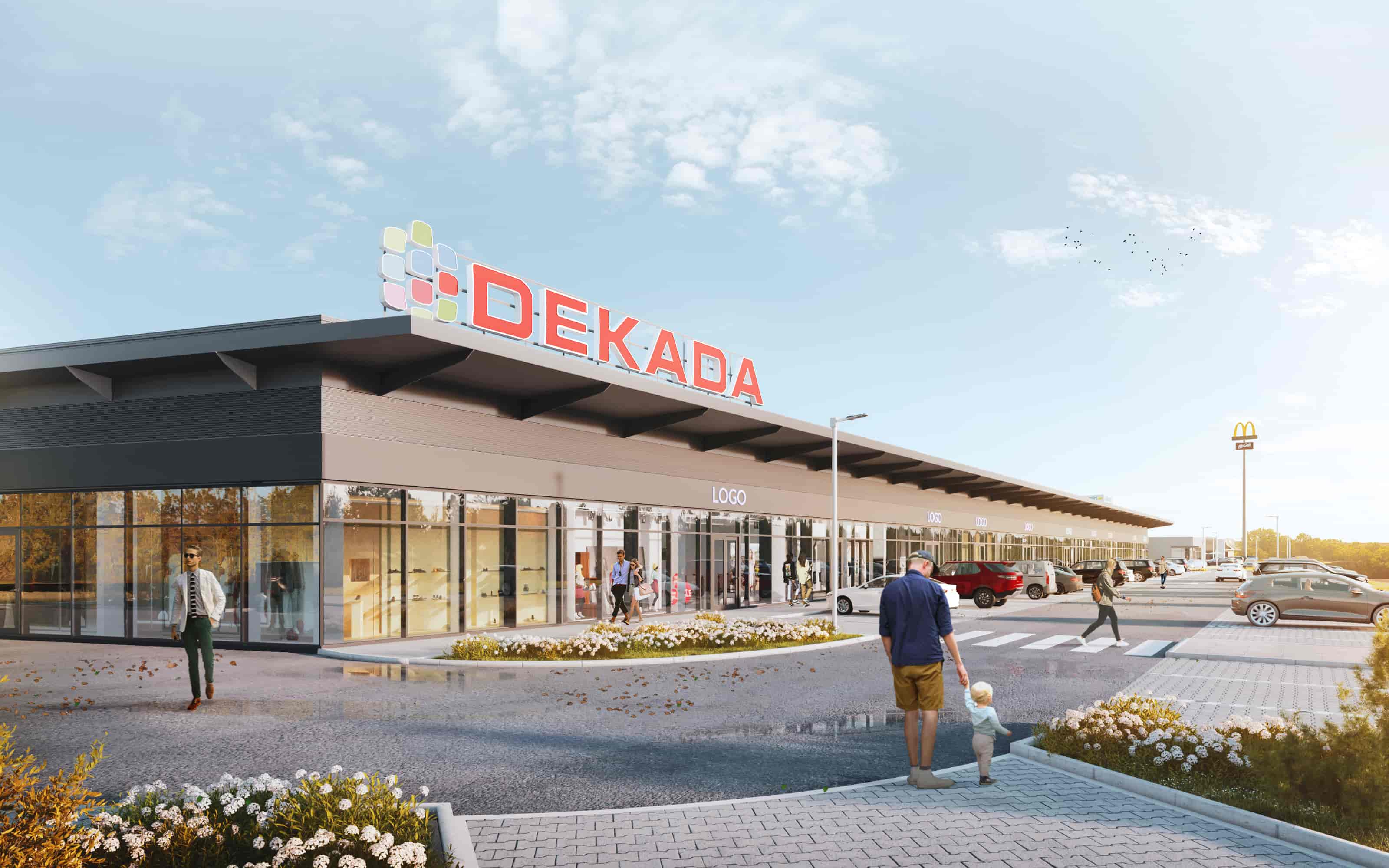 sklanę wejście ż dużym napisem DEKADA na dachu